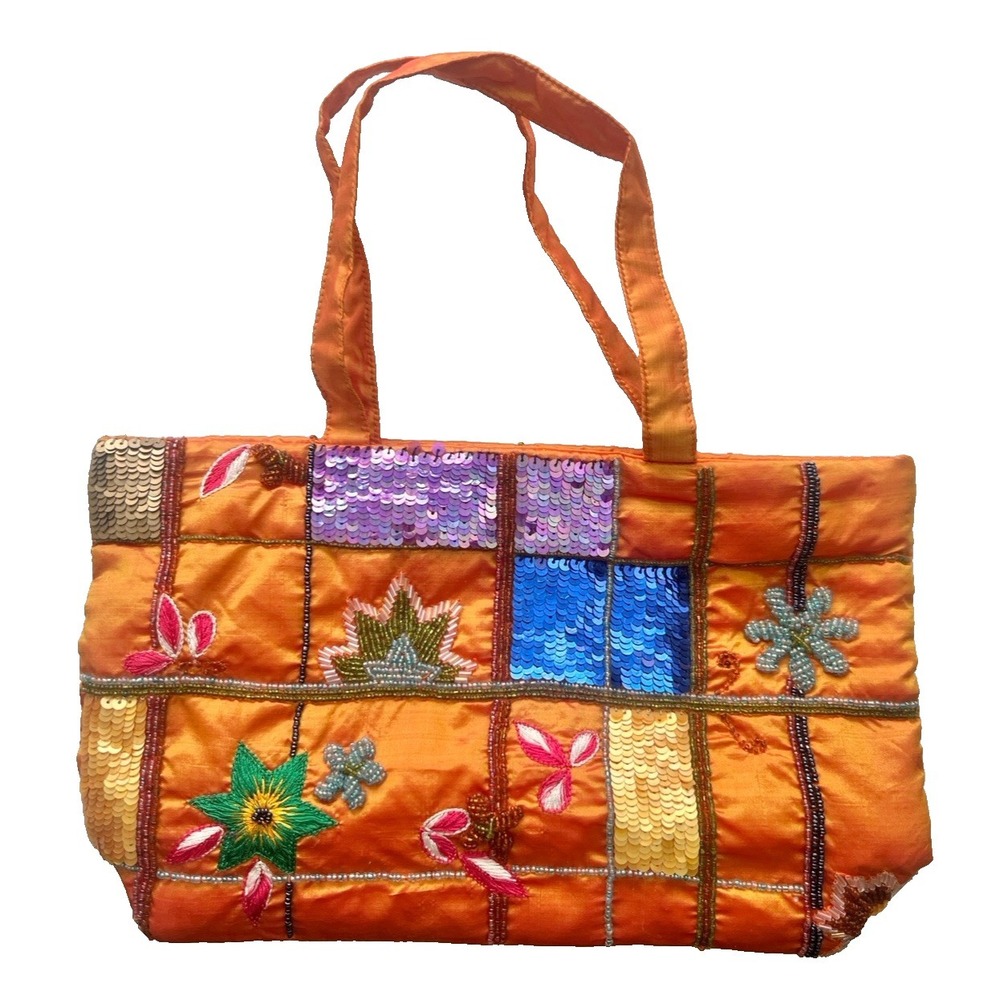 Milson & Louis Beaded Silk Vintage Tote Purse‎ Accessory Handbag Women Orange